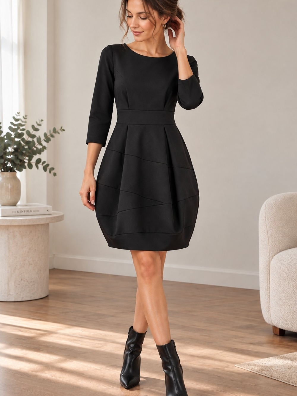 Elegant Black Three-Quarter Sleeve Mini Dress